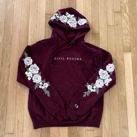 Civil Regime Hoodie Champion Floral Burgundy Maroon Roses Mens Medium Sweatshirt - Picture 2 of 9